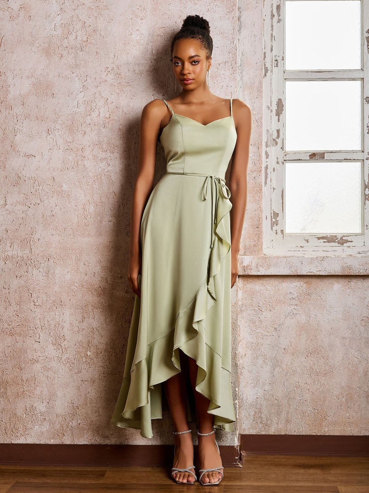 Elegant Asymmetrical Satin Dress with Belt – Evening Dress / Formal
