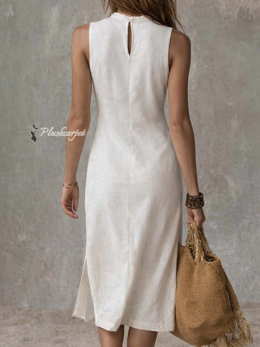 Midi Dress with Stand Collar and Slit, Made from Cotton and Linen