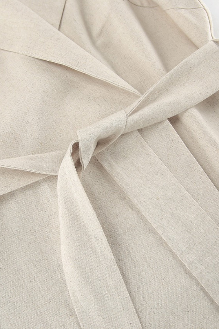 Linen Maxi Dress with High Waist and Tie Belt – Elegant Dress with Slit