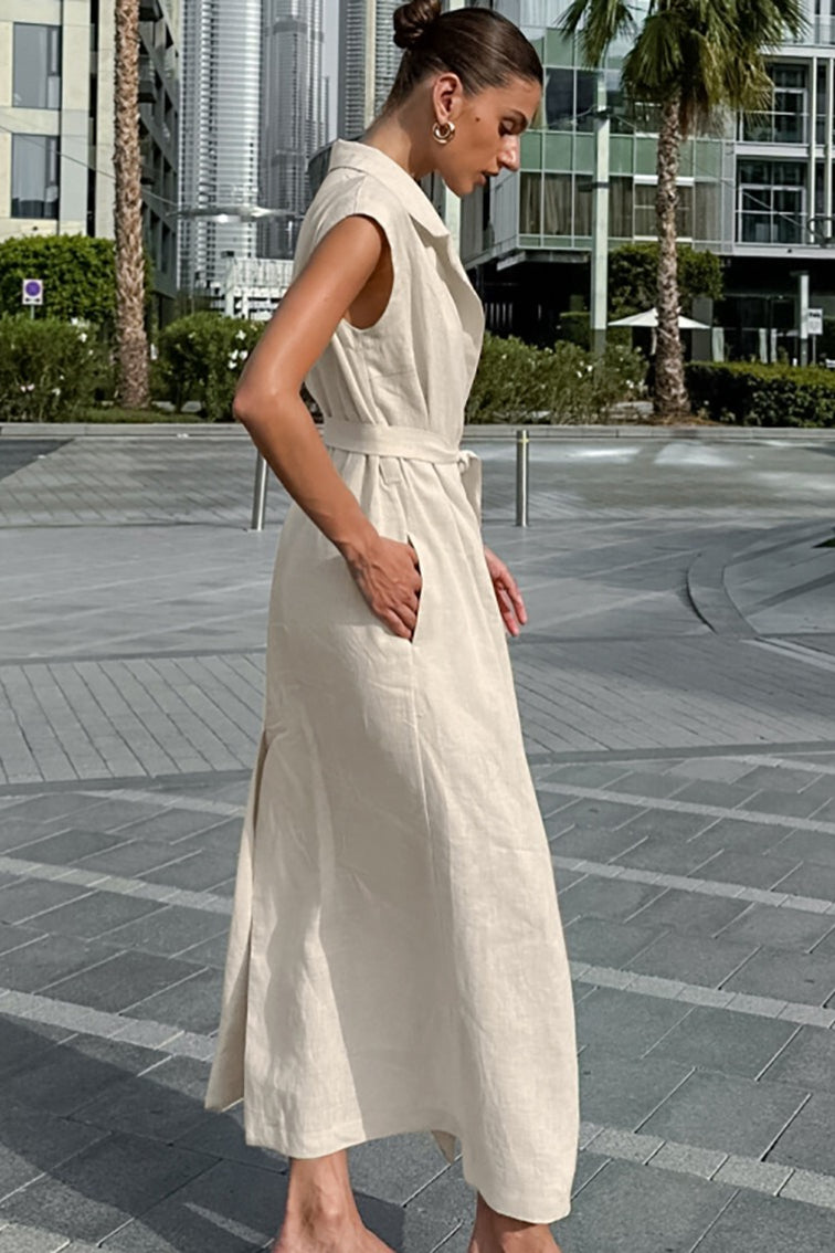 Alouette | Linen cotton dress with high waist and tie