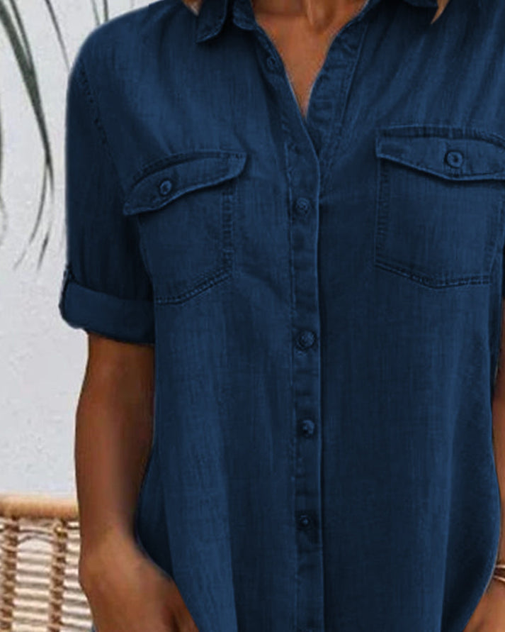 Sveta Short-Sleeved Denim Dress with Button Placket