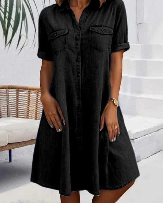 Sveta Short-Sleeved Denim Dress with Button Placket