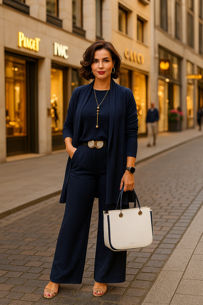 Evanna | 3-Piece Set – Basic Top, Cardigan & Straight Trousers