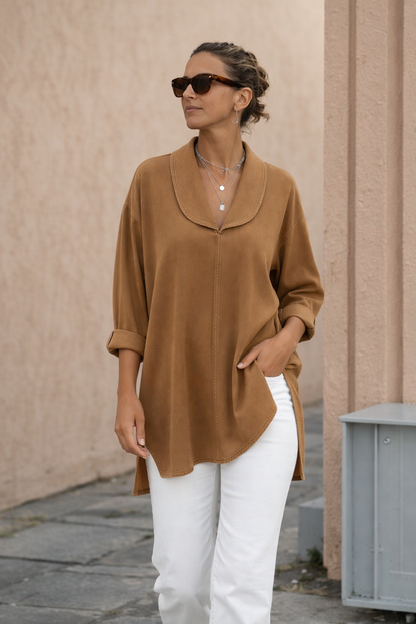 Ava | Retro Denim Top with Shawl Collar