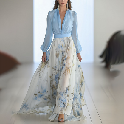 Beautiful Maxi Dress with Floral Pattern and V-Neck