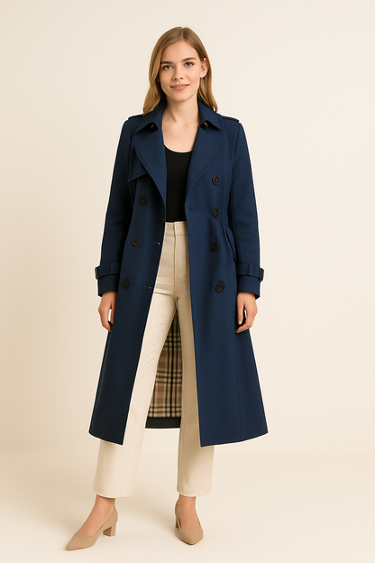 HERBERGER | Elegant Women's Long Trench Coat with Tie Belt and Button Placket