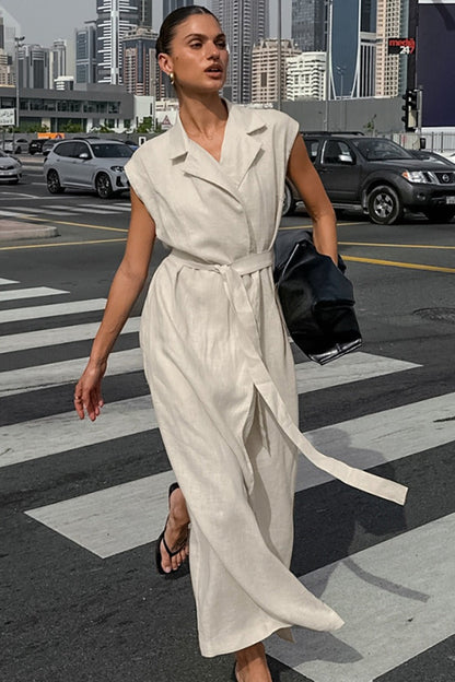 Alouette | Linen cotton dress with high waist and tie