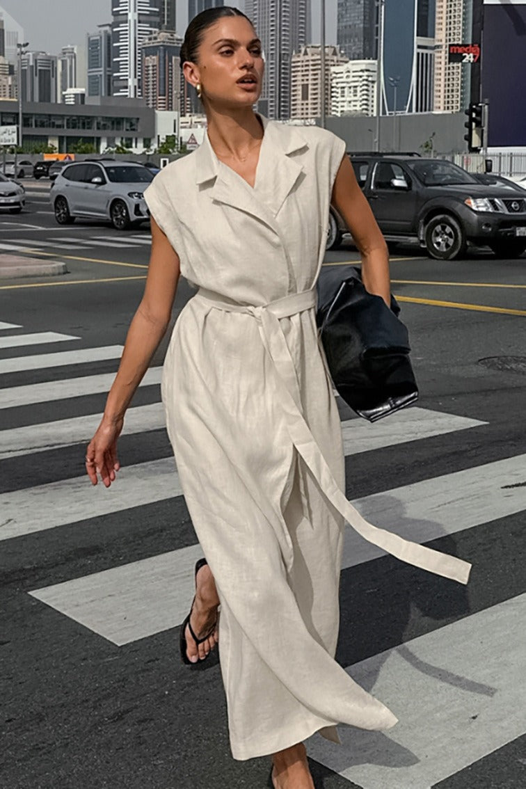 Linen Maxi Dress with High Waist and Tie Belt – Elegant Dress with Slit