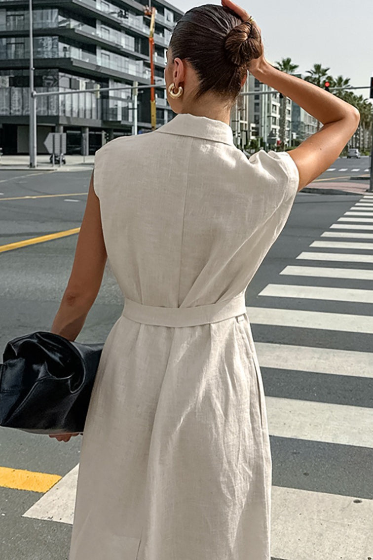 Linen Maxi Dress with High Waist and Tie Belt – Elegant Dress with Slit