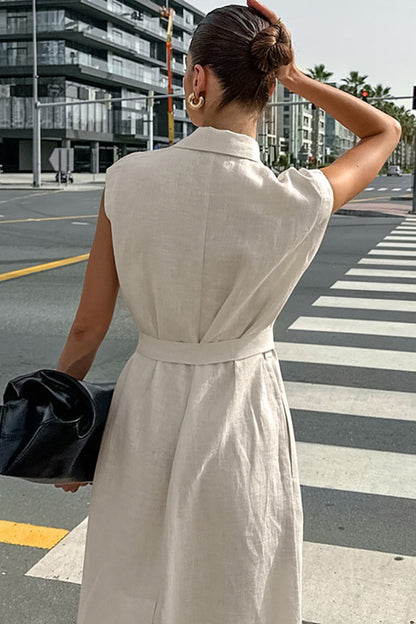 Linen Maxi Dress with High Waist and Tie Belt – Elegant Dress with Slit