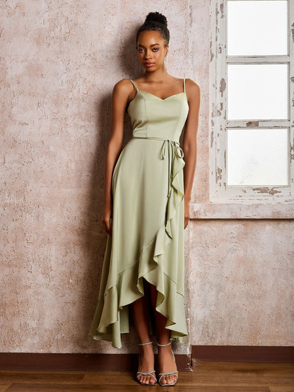Elegant Asymmetrical Satin Dress with Belt – Evening Dress / Formal