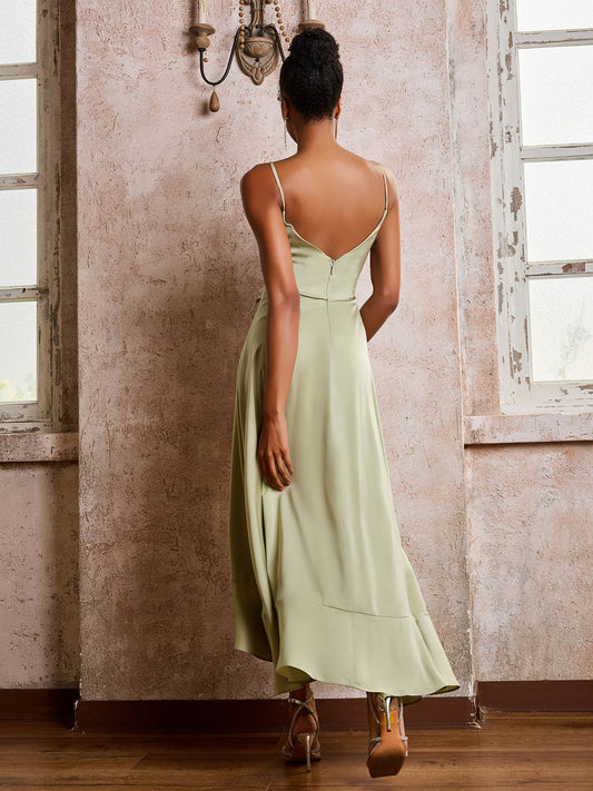 Elegant Asymmetrical Satin Dress with Belt – Evening Dress / Formal