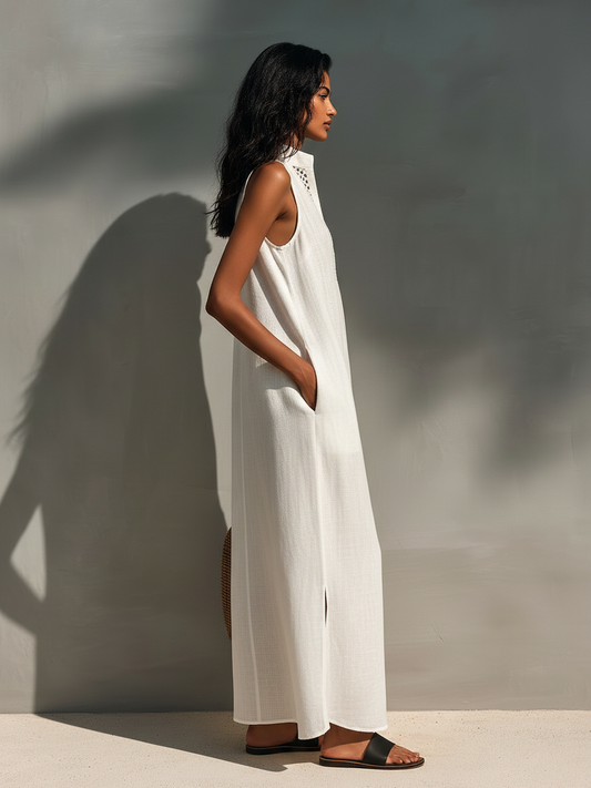 Marcelle | Maxi dress with stand collar and lace panel