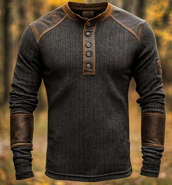 Henry | Vintage Henley Pullover with Leather Accents