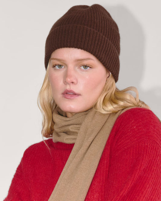 Cashmere Beanie with Stripes | Dark Mahogany