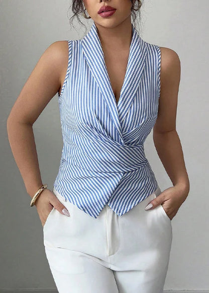 Rica | Sleeveless striped wrap top with lapel collar