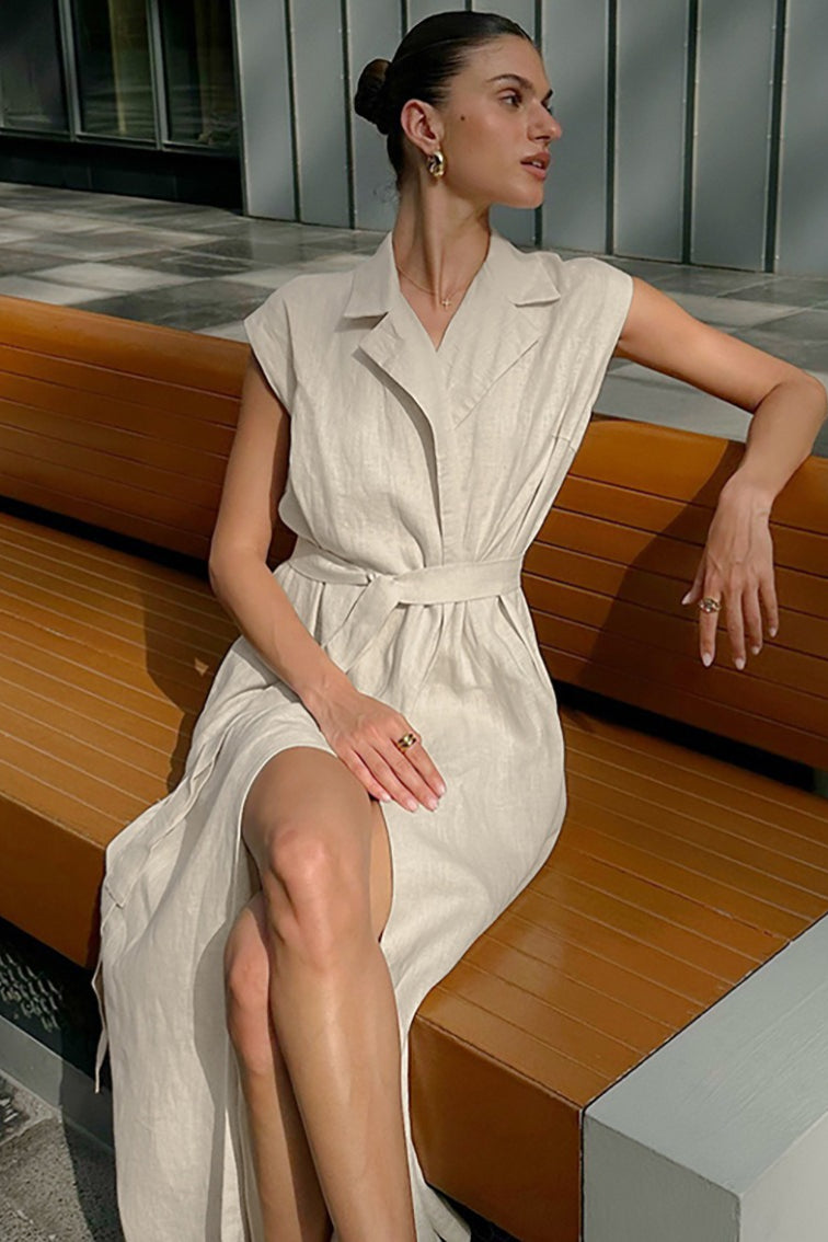 Alouette | Linen cotton dress with high waist and tie