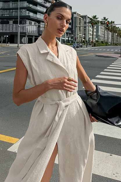 Alouette | Linen cotton dress with high waist and tie