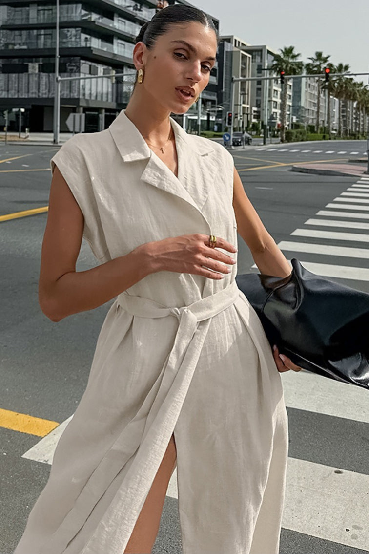 Linen Maxi Dress with High Waist and Tie Belt – Elegant Dress with Slit