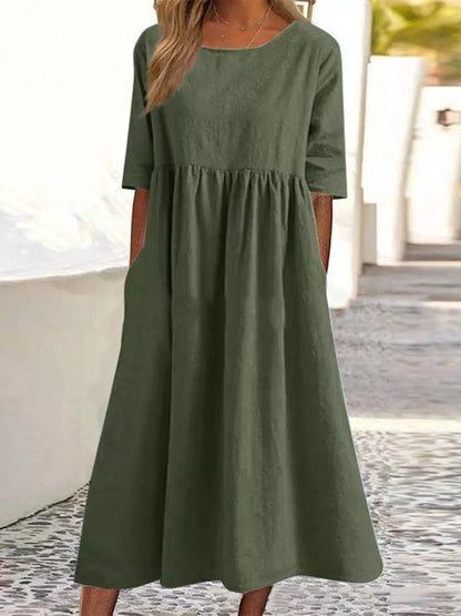 Charlotte™ - Cotton Dress with Round Neck and Pockets