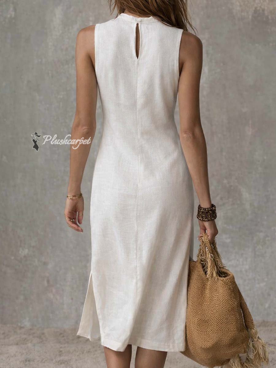 Midi Dress with Stand Collar and Slit, Made from Cotton and Linen